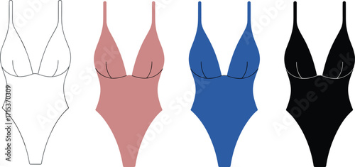 Elegant women's one-piece swimsuit vector illustration, featuring a deep V-neckline and thin straps, perfect for swimwear technical drawings and apparel mockups.