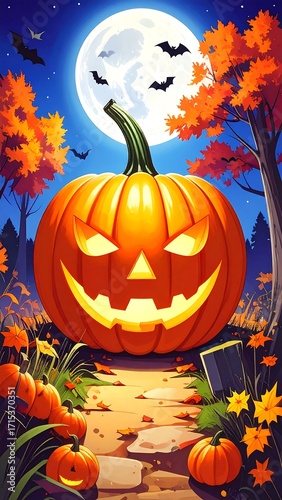 Halloween pumpkin on a path in a forest