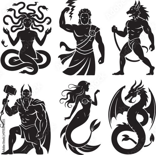 Mythic creatures silhouette set for epic designs