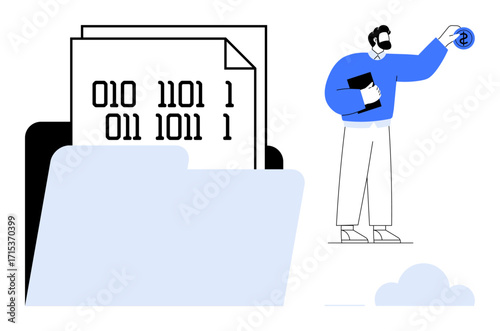 Man holding clipboard and interacting with digital files in binary format, stored in a folder. Ideal for data management, digitization, machine learning, cloud storage, coding, technology, simple