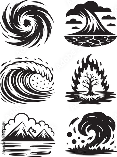 Dynamic natural disaster icons symbolize chaos and power