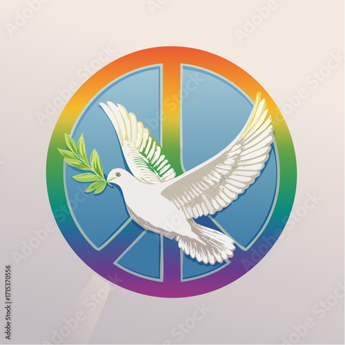 A white dove with an olive branch in its beak flies across a peace symbol in rainbow colors, symbolizing hope and peace