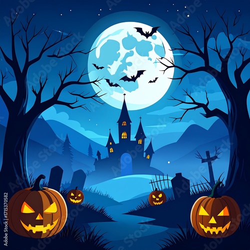 Halloween spooky castle night scene