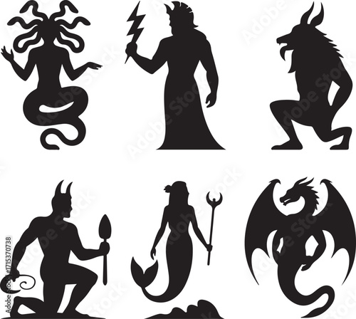 Mythical creatures silhouettes, ancient legends and fantasy