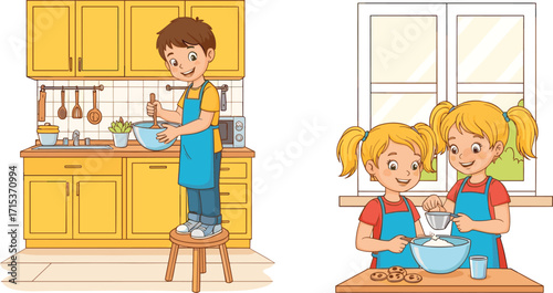 Happy children cooking in kitchen, boy mixing dough, twin girls baking cookies, cartoon kids learning recipes, family cooking activity illustration