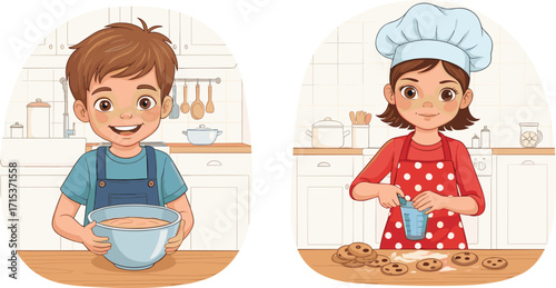 Happy children cooking in kitchen, smiling boy mixing batter, girl in chef hat baking cookies, cartoon kids learning culinary skills illustration