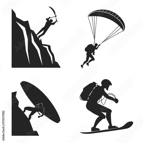 “Adventure sports silhouette set: surfing, skateboarding, skiing, snowboarding, rock climbing, kayaking, paragliding, extreme sports icons for adrenaline branding, outdoor lifestyle, and active design