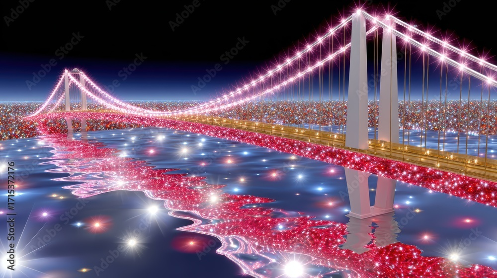 Obraz premium Sparkling Bridge at Night, City Lights, Water Reflection
