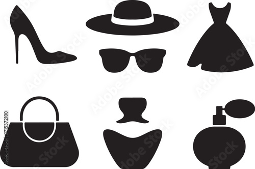 Chic fashion icons: shoes, hat, dress, bag, perfume
