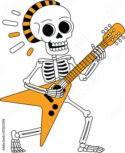 Cartoon skeleton playing orange electric guitar black