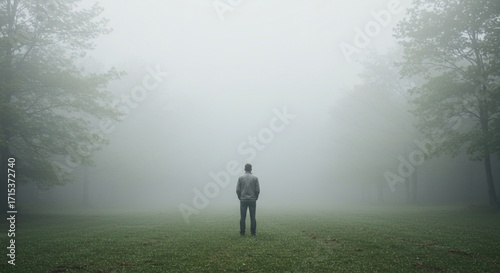 The Solitary Figure Facing the Mysterious Veil of Thick Morning Mist in a Silent Forest Clearing