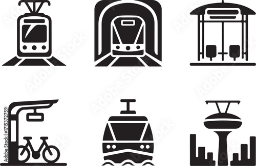 Modern transport icons: train, bus, bike, cable car