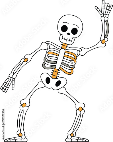 Cartoon skeleton dancing with orange joints bones white
