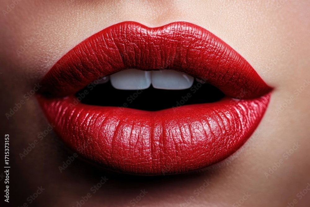 Obraz premium Close-up of a sensual mouth with glossy red lipstick slightly parted showing white teeth against smooth skin