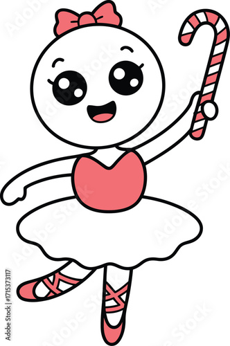 Cute cartoon ballerina holding candy cane dance