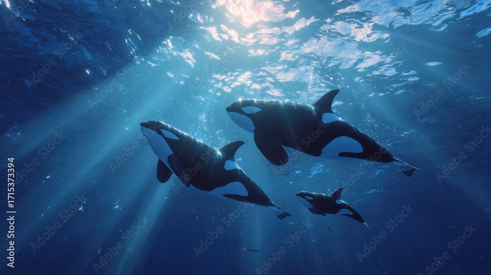 Fototapeta premium A pod of orcas gracefully swims through the sundrenched ocean, their sleek bodies cutting through the clear blue water