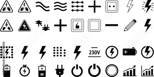 Electricity and power icons set with battery, plug, socket, lightning, hazard, voltage, current, energy, graph, button, technology, safety