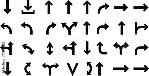 Arrow icons set with straight, curved, split, upward, downward, left, right, navigation, direction, pointer, guide, symbol, black silhouette