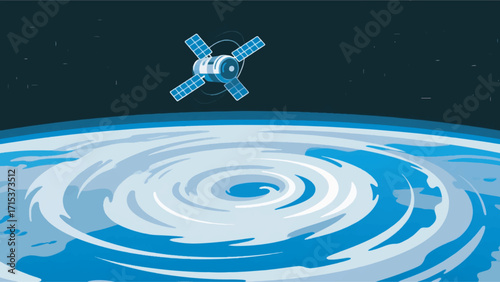 Illustration Of A View From Outer Space Showing A Satellite Orbiting Above The Earth's Surface Vector Design Template