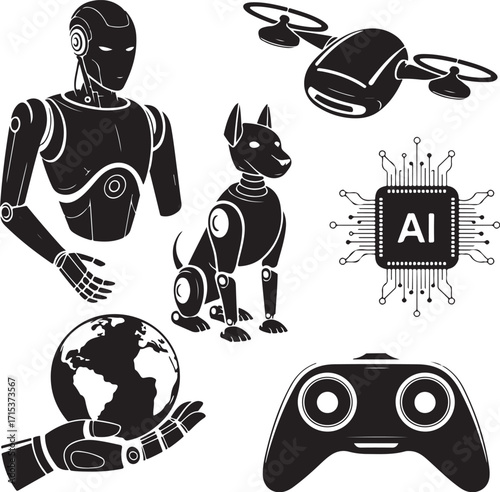 Futuristic AI tech, robots, drone, dog, earth, controller