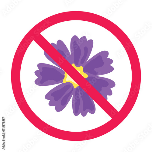 No flower sign, do not pick flower sign, forbidden sign with purple flower icon, do not use floral decoration, no floral element allowed symbol