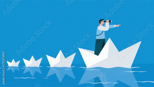 Illustration Of A Paper Boat On The Surface Of The Water Ridden By A Man With Binoculars Vector Design Template