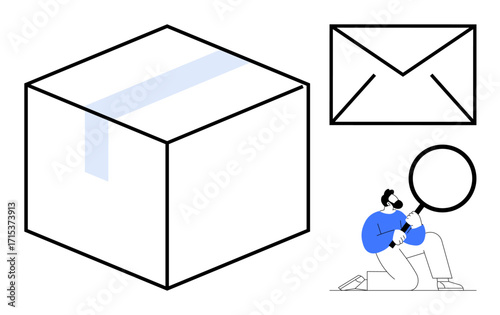 Large box, mail envelope, person kneeling with magnifying glass suggesting package tracking or inspection. Ideal for delivery services, logistics, e-commerce, customer support, shipment monitoring