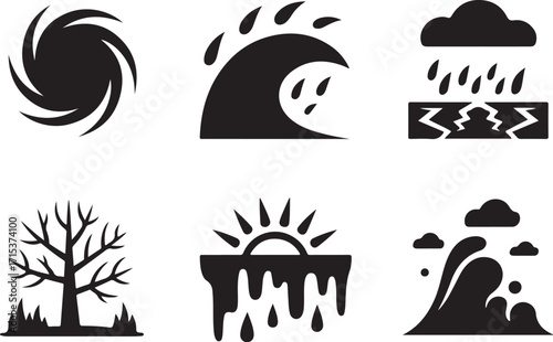 Natural disaster icons depict storm, flood, drought, and heat