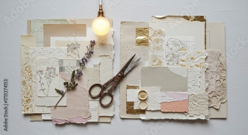 Vintage Inspired Creative Collage with Handmade Papers, Botanical Drawings, and Craft Supplies.