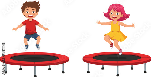 Happy children jumping on trampoline, active boy and girl playing together, fun exercise, outdoor activity, cartoon kids illustration, healthy lifestyle, childhood