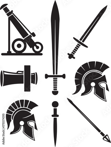 Ancient battle symbols: helmets, swords, cannon, spear