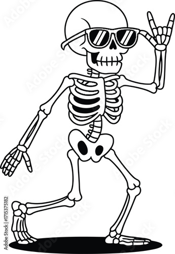 Skeleton wearing sunglasses making rock on hand gesture