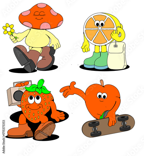 set of funny cartoon fruits and vegetable