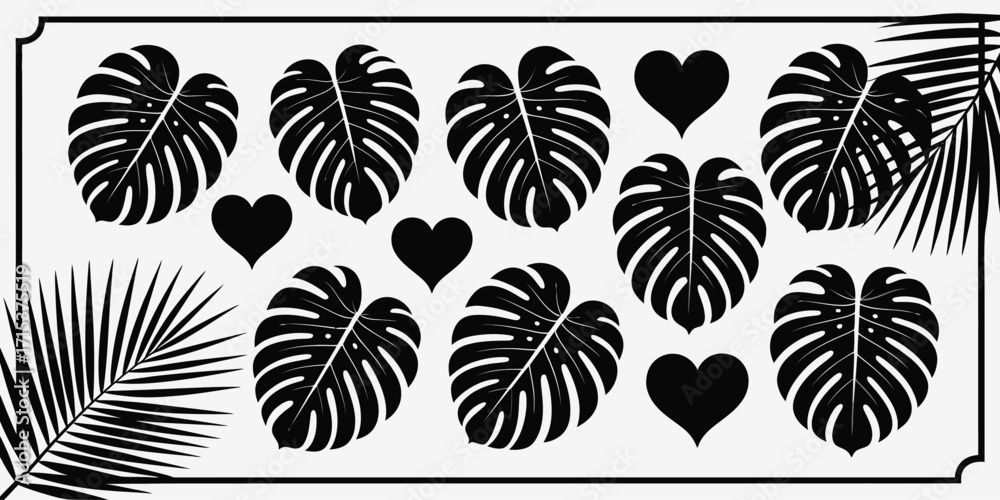 Fototapeta premium Tropical Foliage Vector Pattern, Monstera Deliciosa Leaves Assortment, Green Jungle Plant Illustration, Isolated Botanical Design for Wallpaper, Fabric, Prints, Backgrounds, and Creative Nature-Theme