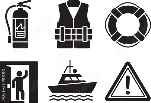 Safety icons fire extinguisher life vest boat warning sign