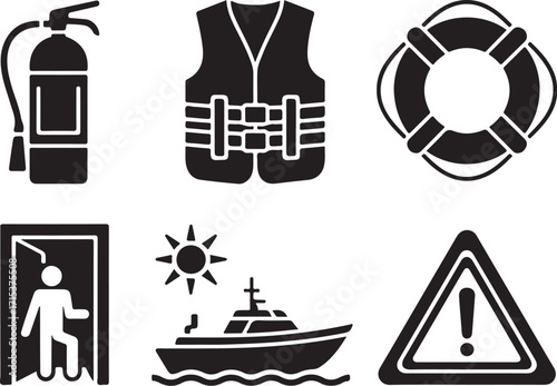 Safety icons boat fire extinguisher life vest warning
