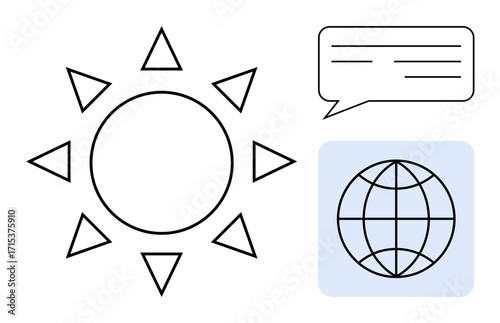 Bold sun with triangular rays, speech bubble, and globe with longitude and latitude lines. Ideal for climate, energy, communication, globalization, environment technology sustainability. Simple