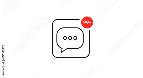 A minimalist line icon of a message or chat bubble with a red notification badge showing over ninety-nine unread messages.