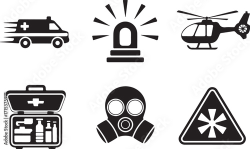 Emergency icons ambulance, helicopter, first aid, gas mask