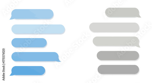 A collection of modern blue and grey chat bubbles for a messaging app interface on a white background.