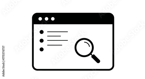 A black and white icon of a search interface with a list and a magnifying glass.
