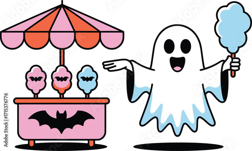 Happy ghost with cotton candy cart and bat decorations