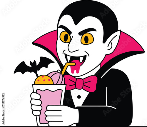 Cartoon vampire drinking pink milkshake with bat garnish