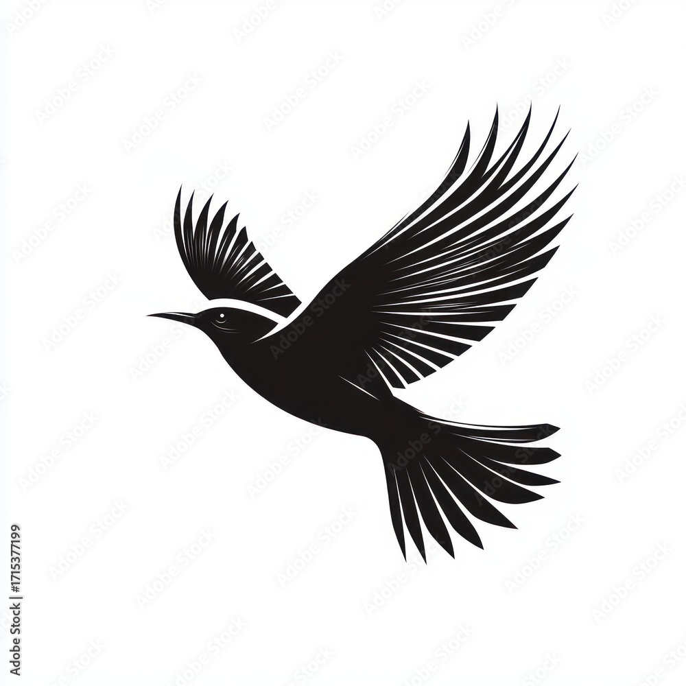 Obraz premium stylized black silhouette of a bird in mid-flight with detailed spread wings and tail feathers against a white background