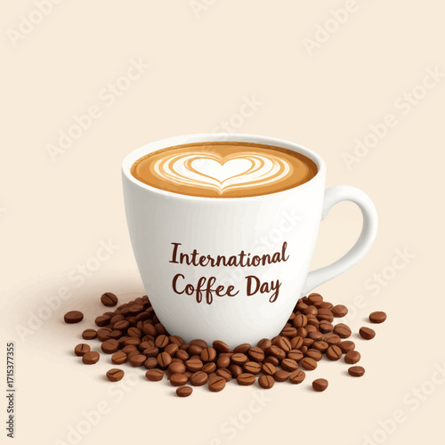 Flat vector illustration of a coffee cup with heart latte art and coffee beans on a soft brown background, featuring the text International Coffee Day for modern design and celebration