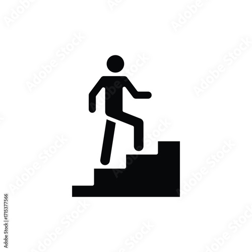 Man climbs the stairs icon. Simple solid style. Stair, walk, climb, staircase, step, up, career, person, rise, level, business concept. Silhouette, glyph symbol. Isolated design.