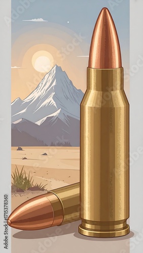 A graphic illustration of two rifle cartridges against a backdrop of a mountain range and desert landscape.  Sunrise or sunset appears behind the mountains