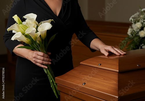 Woman Placing White Lilies on a Wooden Coffin at a Funeral. Generative Ai