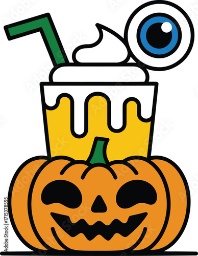 Orange pumpkin drink with whipped cream and eyeball