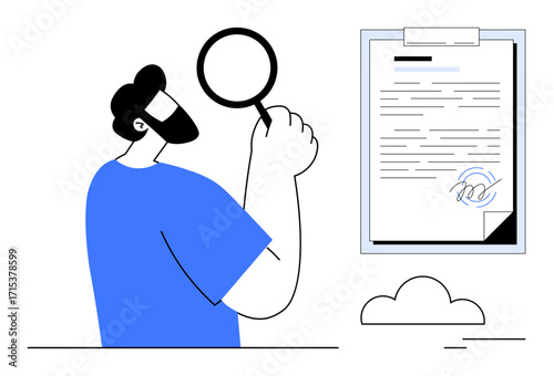Man holding magnifying glass inspecting document with signature. Ideal for legal, contract review, authentication, auditing, research, compliance, document analysis, simple flat metaphor